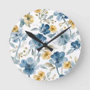 Blue Yellow Garden Flowers Botanical Pattern Round Clock