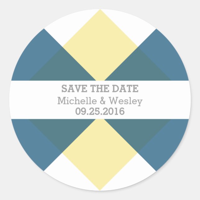 Blue Yellow Geometric Triad Save the Date Stickers (Front)