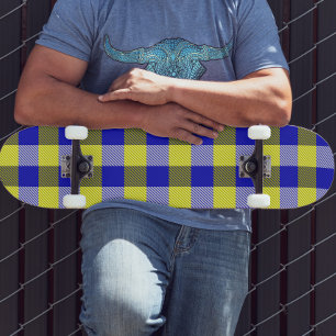 Blue Yellow Gingham Check Design Skateboard