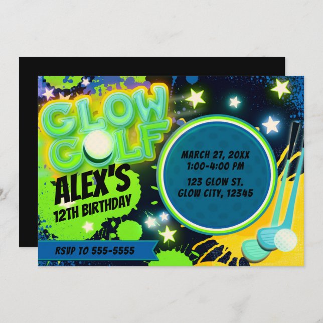Blue Yellow Glow Golf Glowing Birthday Party Invitation (Front/Back)