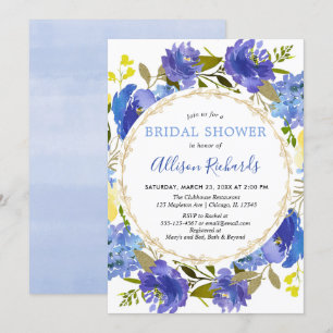 Blue yellow gold elegant floral bridal shower invitation