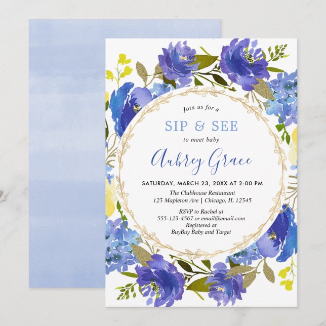 Blue yellow gold elegant floral Sip and See Invitation (Front/Back)