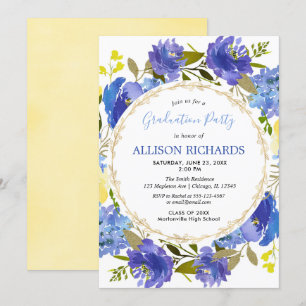 Blue yellow gold floral summer graduation party invitation