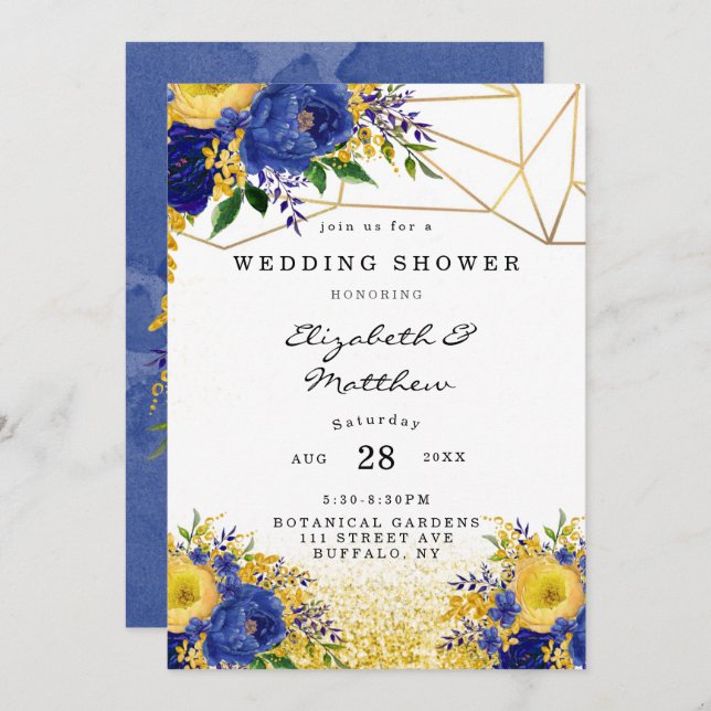 Blue Yellow Gold Painted Floral Wedding Shower Invitation (Front/Back)