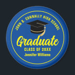 Blue Yellow Graduate Custom 2025 Graduation Magnet<br><div class="desc">This modern blue and yellow custom senior graduate magnet features classic typography of your high school or college name for the class of 2025. Customise with your graduating year under the chic handwritten script and black grad cap for a great personalised graduation party favour keepsake gift.</div>