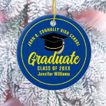 Blue Yellow Graduate Custom Graduation Christmas Ceramic Ornament<br><div class="desc">This modern blue and yellow custom senior graduate Christmas ornament features your high school or college name for the class of 2025. Customise with your graduating year under the chic handwritten script and black grad cap for a great personalised graduation gift.</div>