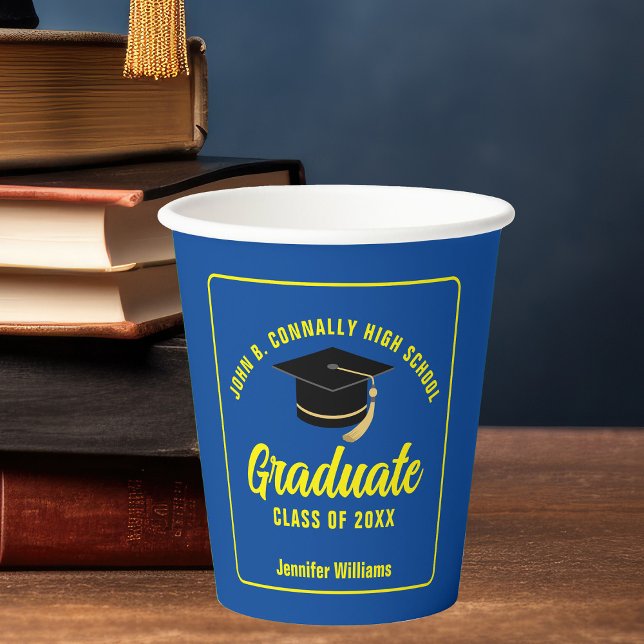 Blue Yellow Graduate Custom Graduation Party Paper Cups (Creator Uploaded)