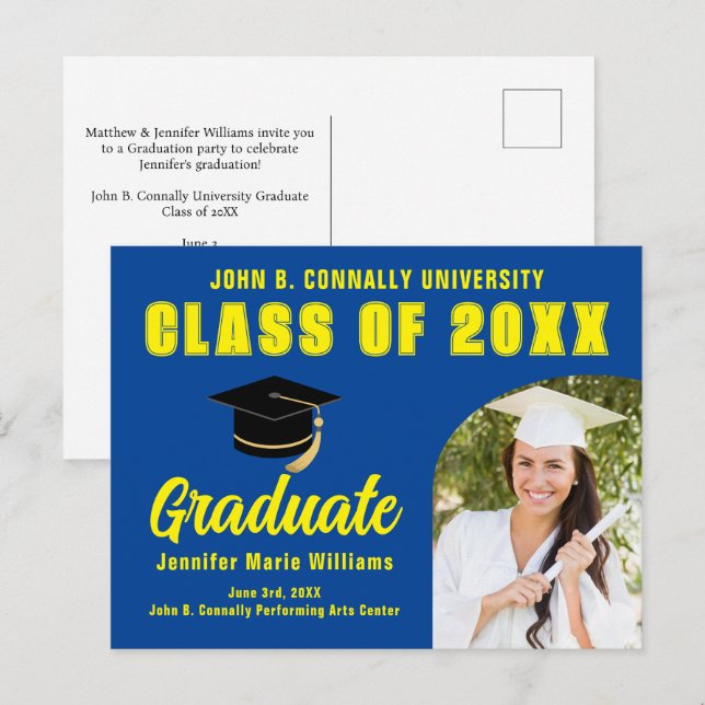 Blue Yellow Graduate Photo 2025 Graduation Party Postcard (Front/Back)