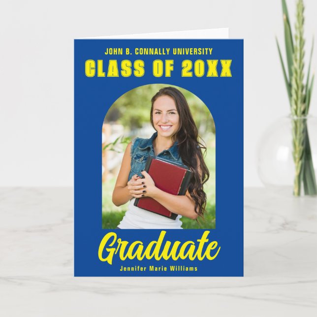 Blue Yellow Graduate Photo Arch Bold Graduation Announcement (Front)