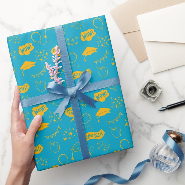 Blue Yellow Graduation Hand Drawn Scribble Pattern Wrapping Paper (Gifting)