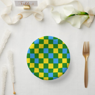 Blue Yellow Green Chequered Pattern Design Paper Plate