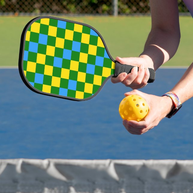 Blue Yellow Green Chequered Pattern Design  Pickleball Paddle (Insitu)