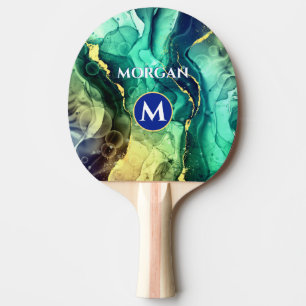 Blue Yellow Green Liquid Ink, Monogram & Name Ping Pong Paddle