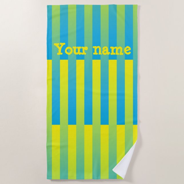 Blue Yellow Green Personalise Striped Pattern Beach Towel (Front)