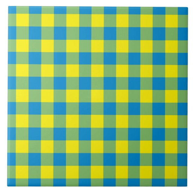 Blue Yellow Green Plaid Chequered Pattern Ceramic Tile (Front)