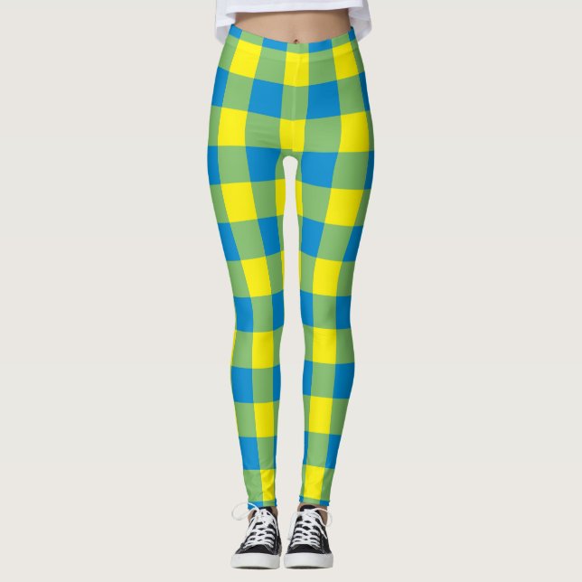 Blue Yellow Green Plaid Chequered Pattern Leggings (Front)