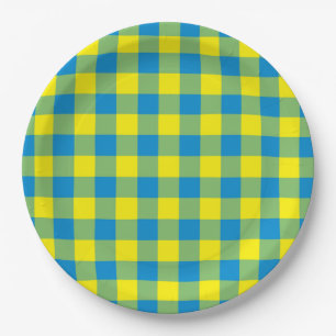 Blue Yellow Green Plaid Chequered Pattern Paper Plate