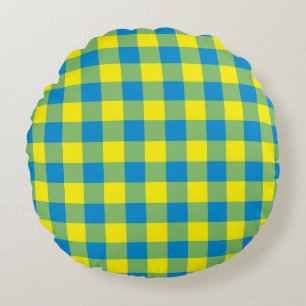 Blue Yellow Green Plaid Chequered Pattern Round Cushion
