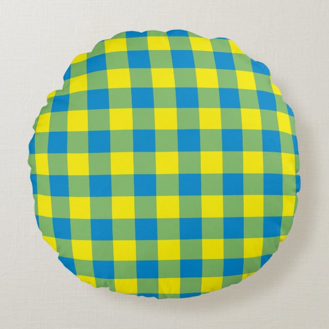 Blue Yellow Green Plaid Chequered Pattern Round Cushion (Front)