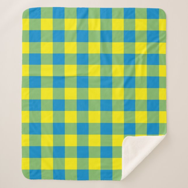 Blue Yellow Green Plaid Chequered Pattern Sherpa Blanket (Front)