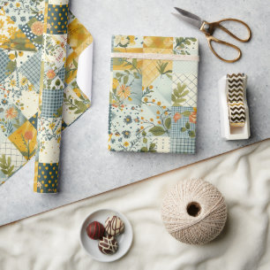 Blue Yellow Green Quilt Gingham Cottagecore Floral Wrapping Paper