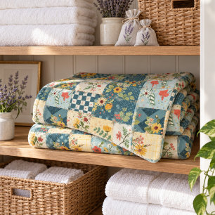 Blue Yellow Green Quilt Patchwork Gingham Floral Fleece Blanket