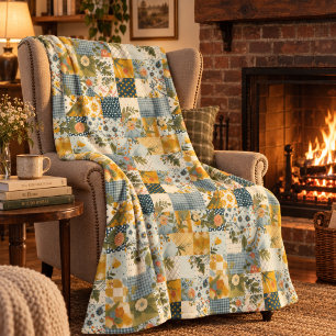 Blue Yellow Green Quilt Patchwork Gingham Floral Fleece Blanket