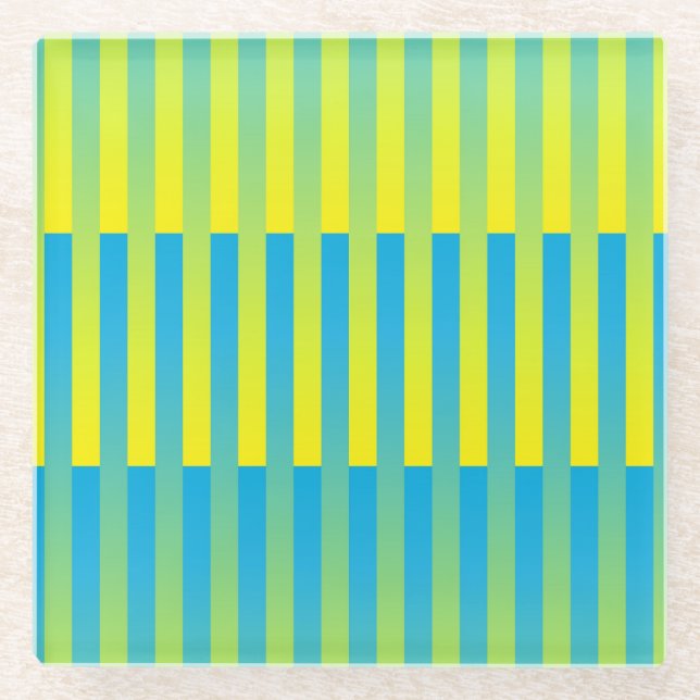 Blue Yellow Green Striped Pattern Glass Coaster (Front)