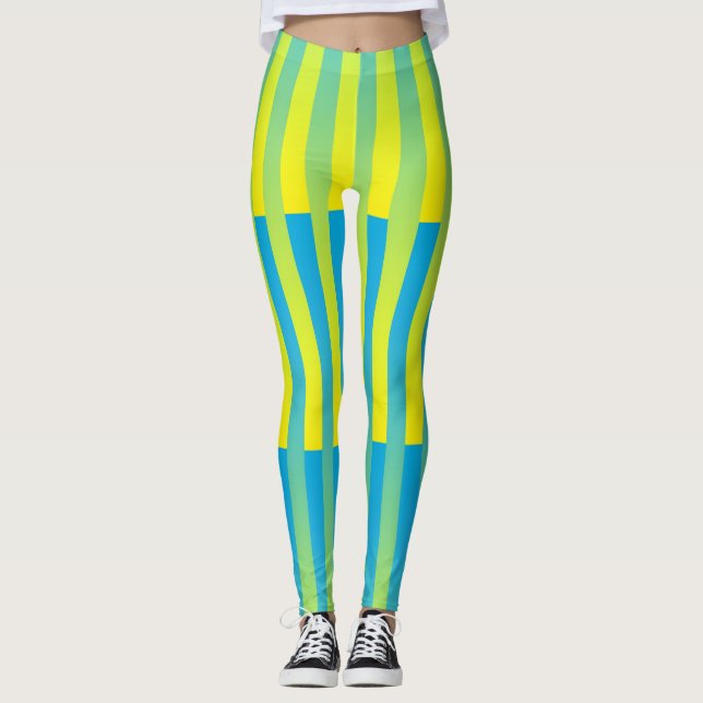 Blue Yellow Green Striped Pattern Leggings (Front)