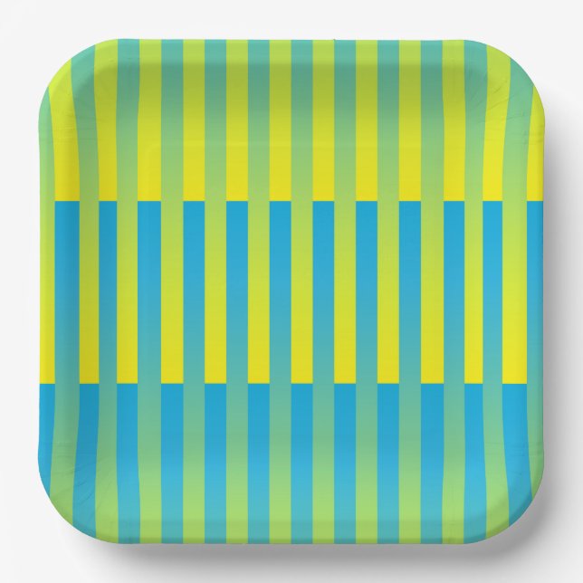 Blue Yellow Green Striped Pattern Paper Plate (Front)