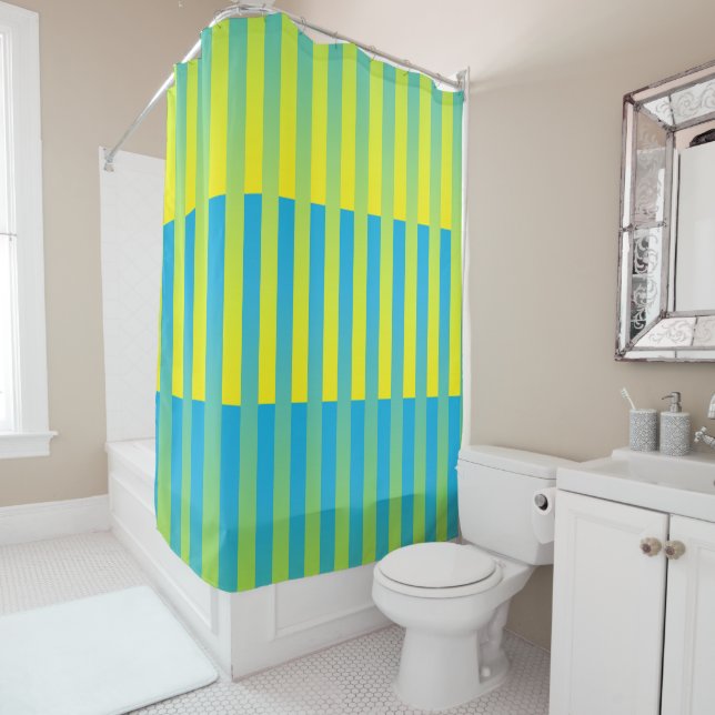 Blue Yellow Green Striped Pattern Shower Curtain (In Situ)