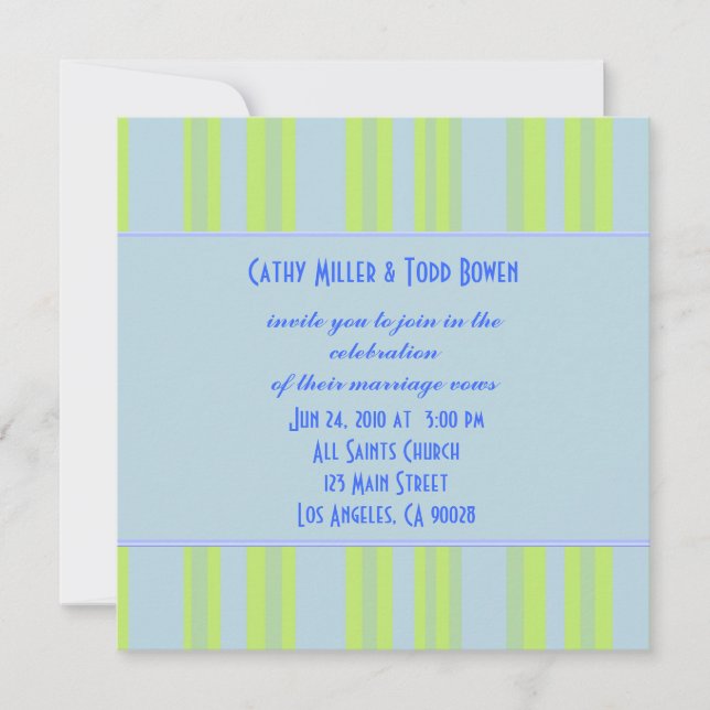 blue yellow green striped wedding invitation (Front)