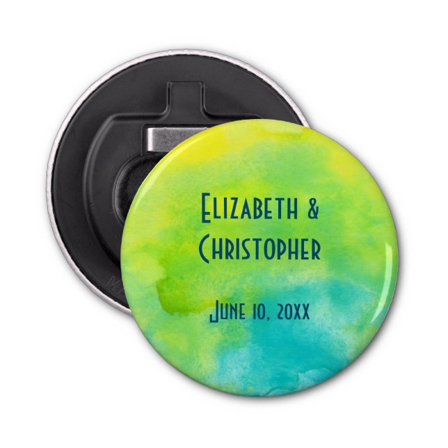 Blue Yellow Green Watercolor Keepsake Wedding Bottle Opener (Front)
