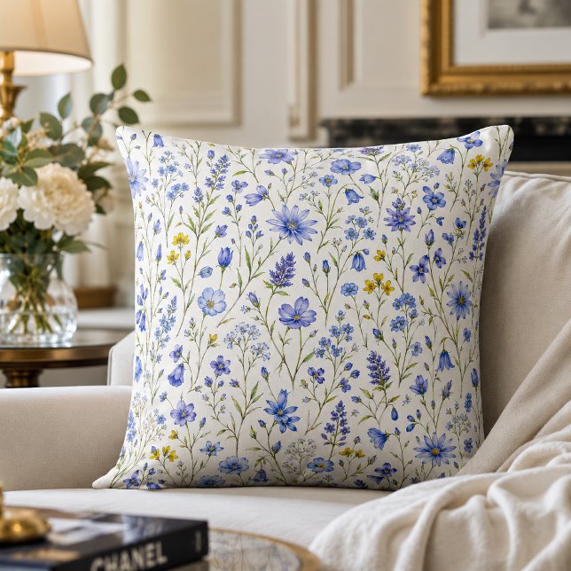 Blue Yellow Green Watercolor Wildflower Pattern Cushion (Creator Uploaded)