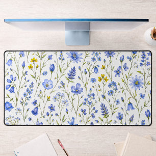 Blue Yellow Green Watercolor Wildflower Pattern Desk Mat