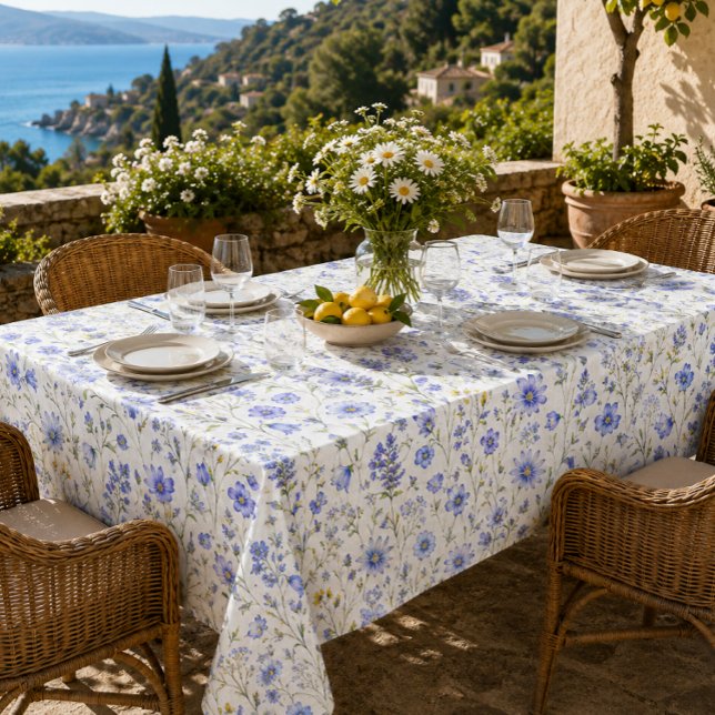 Blue Yellow Green Watercolor Wildflower Pattern Tablecloth (Creator Uploaded)