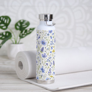 Blue Yellow Green Watercolor Wildflower Pattern Water Bottle