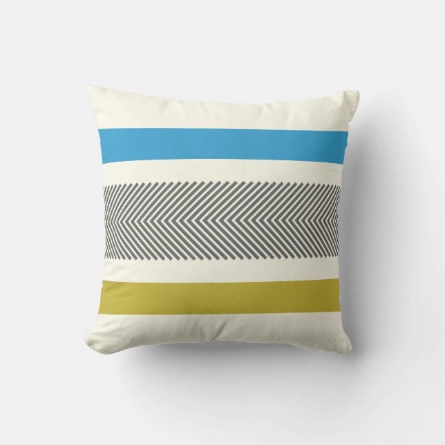 Blue Yellow Grey Off White Arrow Herringbone Cushion (Front)