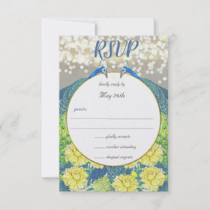 Blue Yellow Grey Peacock Wedding Invitation RSVP