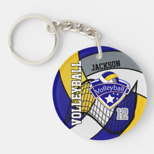 Blue, Yellow & Grey Personalise Volleyball Design Key Ring