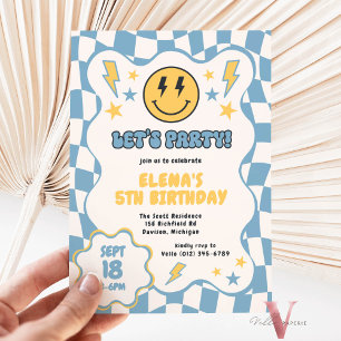 Blue Yellow Groovy Smile Checkered Retro Birthday Invitation