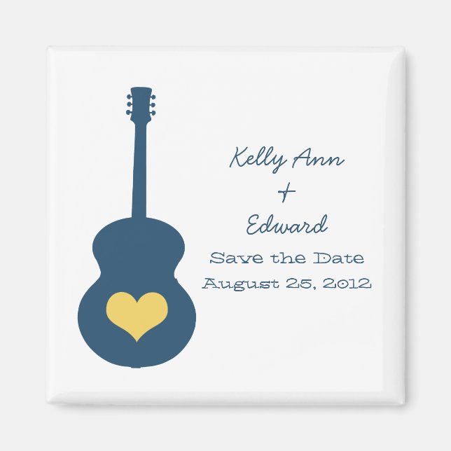 Blue/Yellow Guitar Heart Save the Date Magnet (Front)
