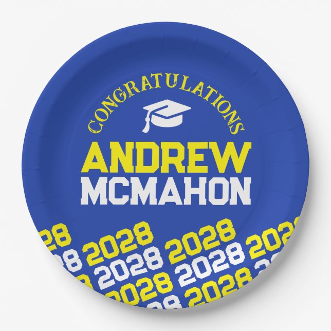 Blue & Yellow Half Repeat Grad Personalised Paper Plate (Front)