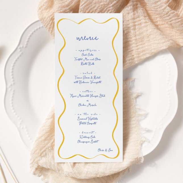Blue & Yellow Hand Drawn Curvy Border Wedding Menu (Creator Uploaded)