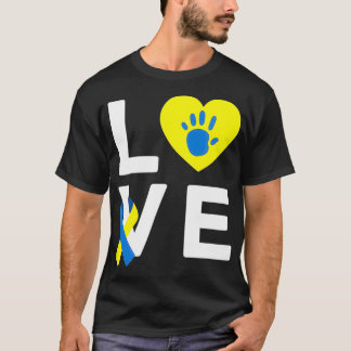 Blue yellow hand print heart world down syndrome d T-Shirt
