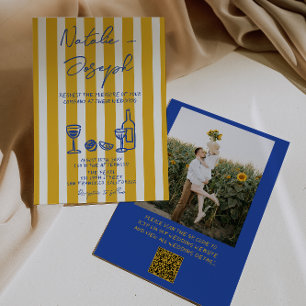 Blue Yellow Hand Written Photo QR Code Wedding Invitation