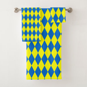Blue Yellow Harlequin Checkered Design Bath Towel Set