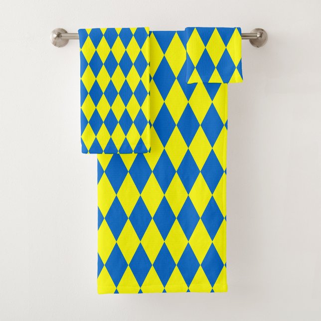 Blue Yellow Harlequin Checkered Design  Bath Towel Set (Creator Uploaded)