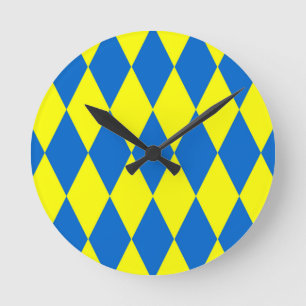 Blue Yellow Harlequin Checkered Design Round Clock
