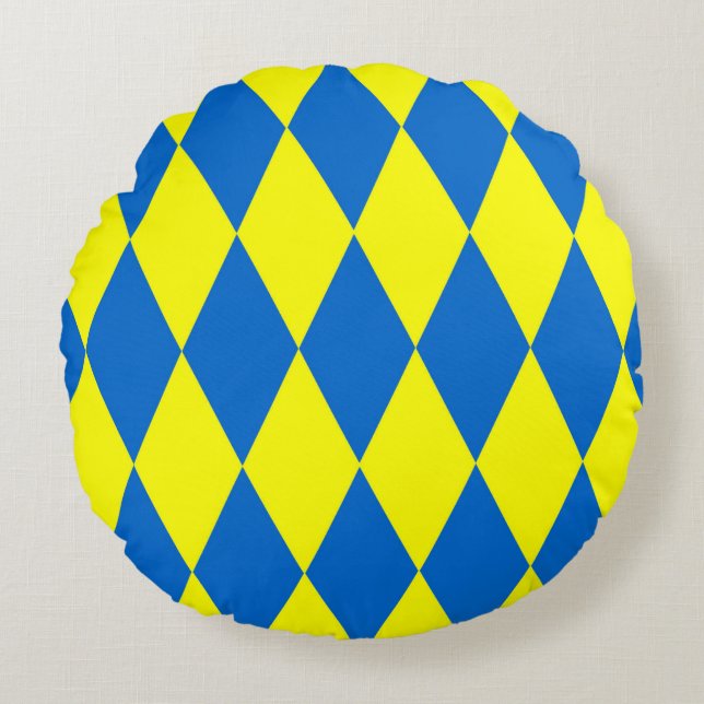 Blue Yellow Harlequin Checkered Design  Round Cushion (Front)